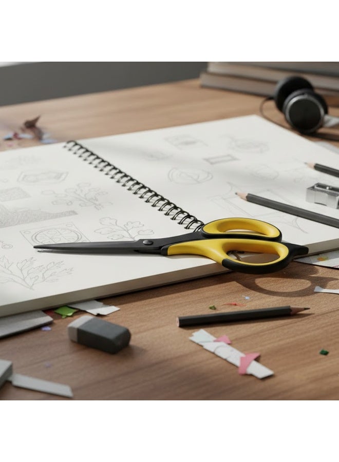 ديلي مقص مكتبي مريح من ديلي 6027 بطول 184 مم، شفرة سوداء منحنية من الفولاذ المقاوم للصدأ، مقبض مطاطي ناعم، مقص متعدد الاستخدامات شديد التحمل لقص الورق والقماش والجلد وفنون الزهور، مناسب للاستخدام في المدارس والمنازل والمكاتب - Image 2